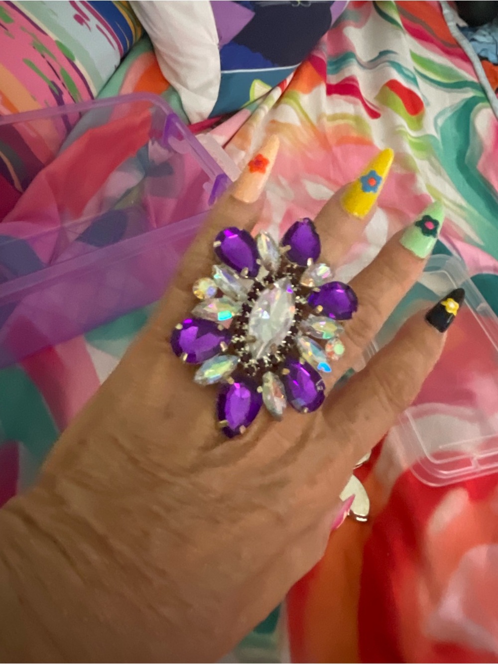 Source Unknown Purple Crystal Floral Statement Ring for Women